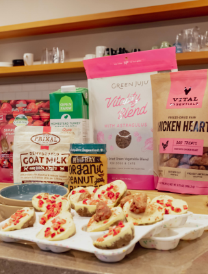 kitchen countertop with ingredients and ready-to-eat treats