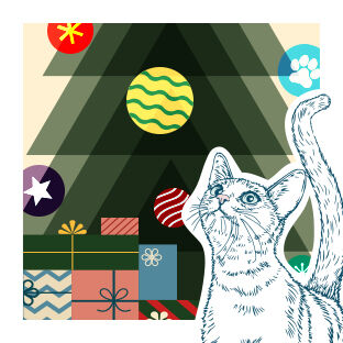 illustration of cat looking up with christmas tree background