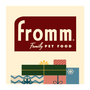 illustration of presents with Fromm Family Pet Food brand logo