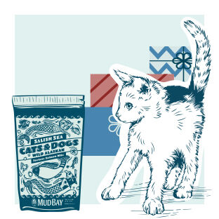illustration of kitten with Mud Bay product package