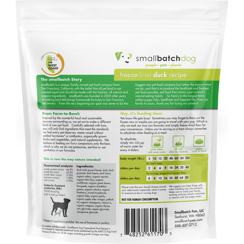 Small Batch Freeze-Dried Dog Food, Sliders, Duck, 14-oz image number null