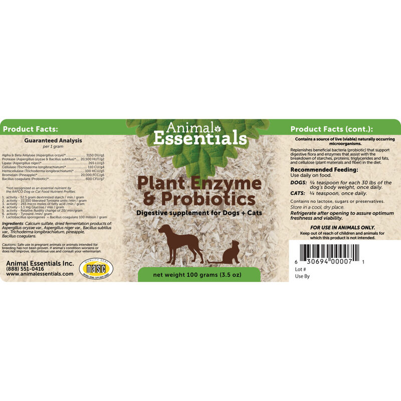 Animal Essentials Plant Enzyme & Probiotics Digestive Dog & Cat Supplement, 3.5-oz image number null