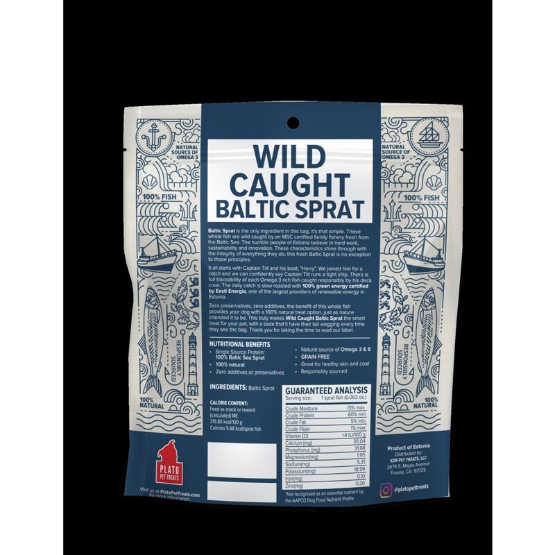 Plato Wild Caught Fish Dog Treats, Baltic Sprat, 3-oz image number null