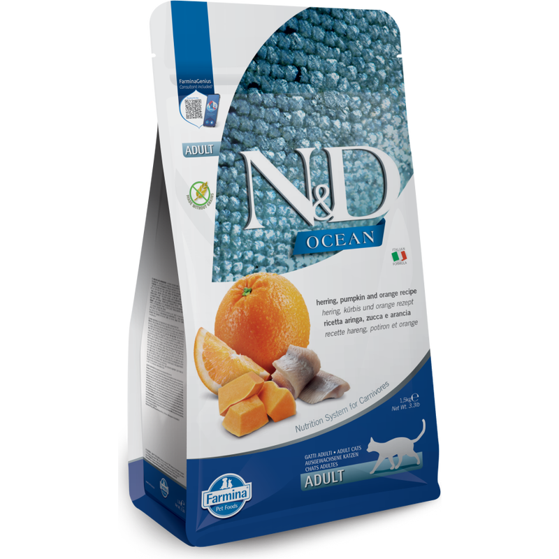 Farmina N&D Ocean Dry Cat Food, Herring Pumpkin & Orange, Adult, 3.3-lb image number null
