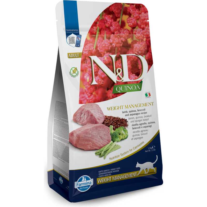 Farmina N&D Quinoa Dry Cat Food, Weight Management, Lamb, 3.3-lb image number null