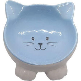 Indipets Angled Ceramic Cat Face Bowl, Blue Indipets Angled Ceramic Cat Face Bowl, Blue