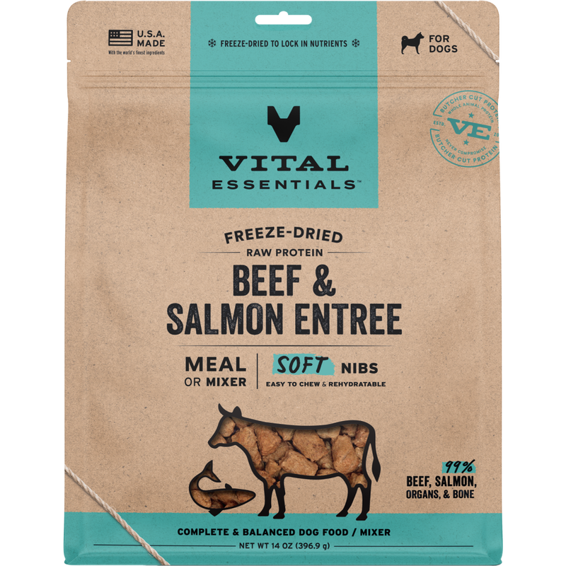 Vital Essentials Raw Freeze-Dried Dog Food, Beef & Salmon, Soft Nibs, 14-oz image number null