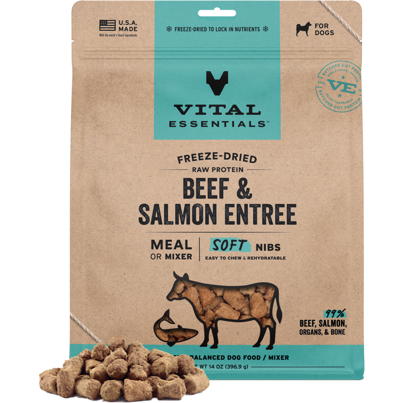 Vital Essentials Raw Freeze-Dried Dog Food, Beef & Salmon, Soft Nibs, 14-oz image number null