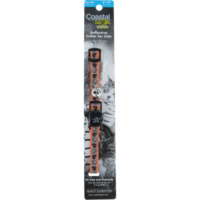 Coastal Lazer Brite Reflective Adjustable Breakaway Cat Collar, Orange Paws image number null