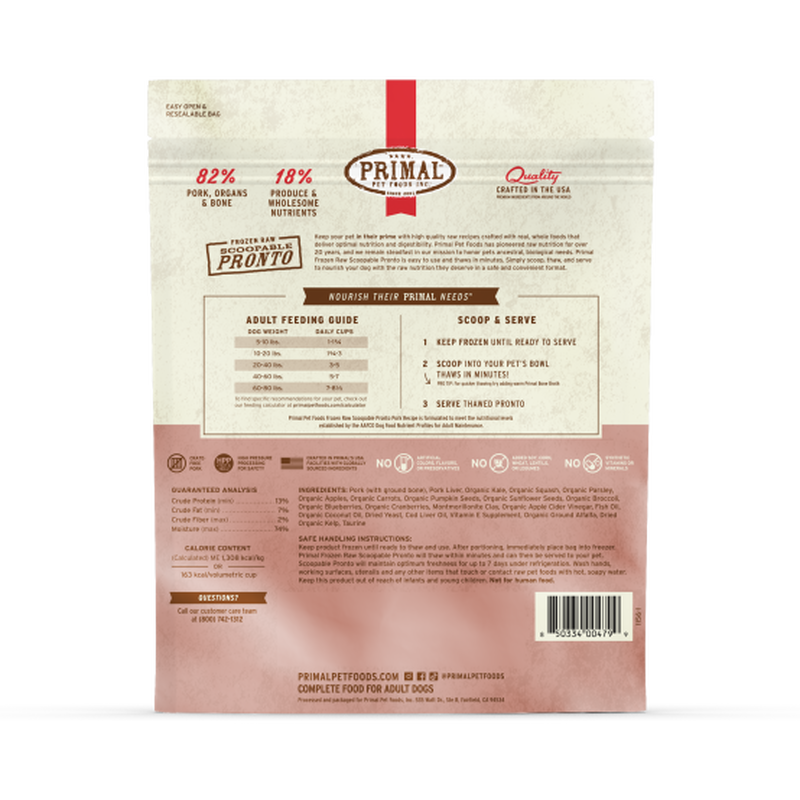 Primal Pronto Raw Frozen Dog Food, Pork, 4-lb image number null