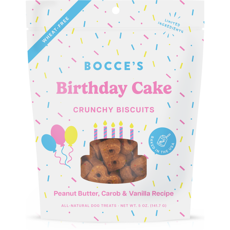 Bocce's Bakery Oven-Baked Biscuit Dog Treats, Birthday Cake, 5-oz image number null