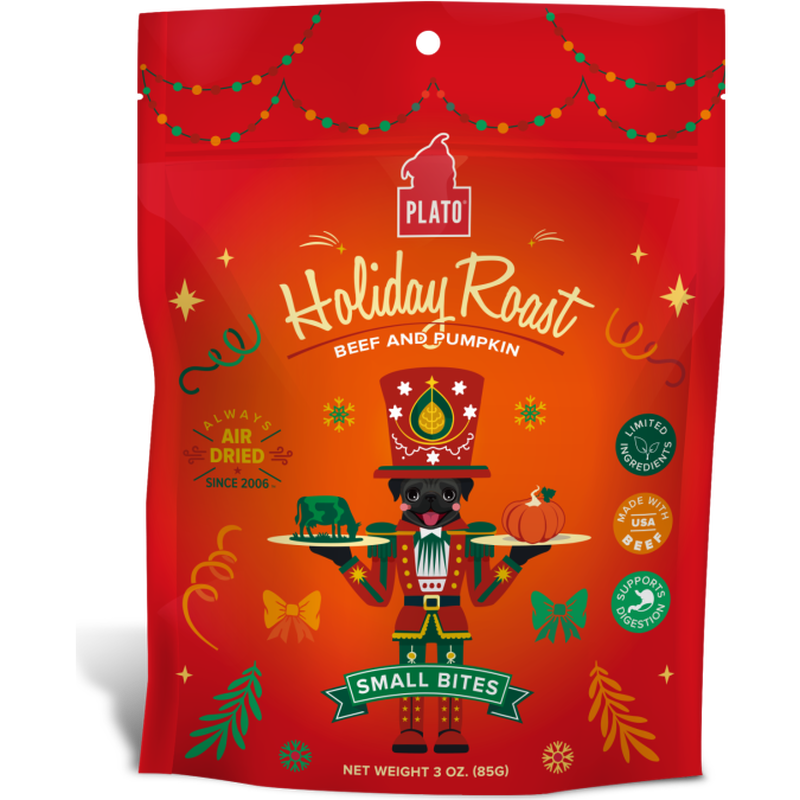 Plato Holiday Small Bites Dog Treats, Holiday Roast Beef & Pumpkin, 3-oz image number null