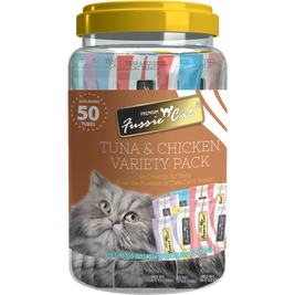 Fussie Cat Lickable Puree Cat Treat, Tuna & Chicken Variety Pack, 0.5-oz, 50-count