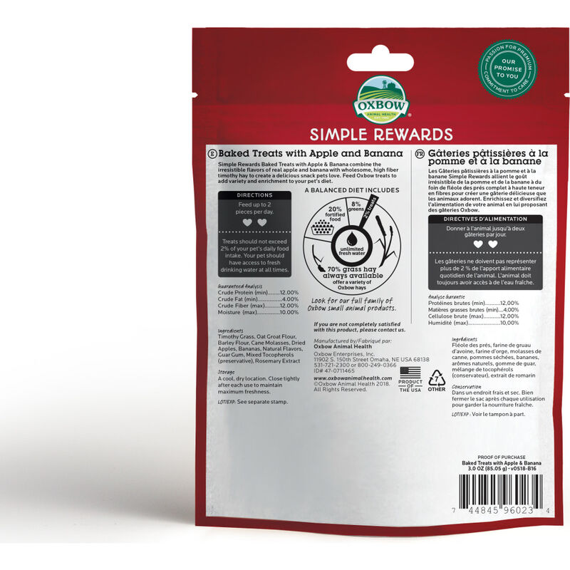 Oxbow Simple Rewards Oven Baked with Apple & Banana Small Animal Treats, 3-oz image number null