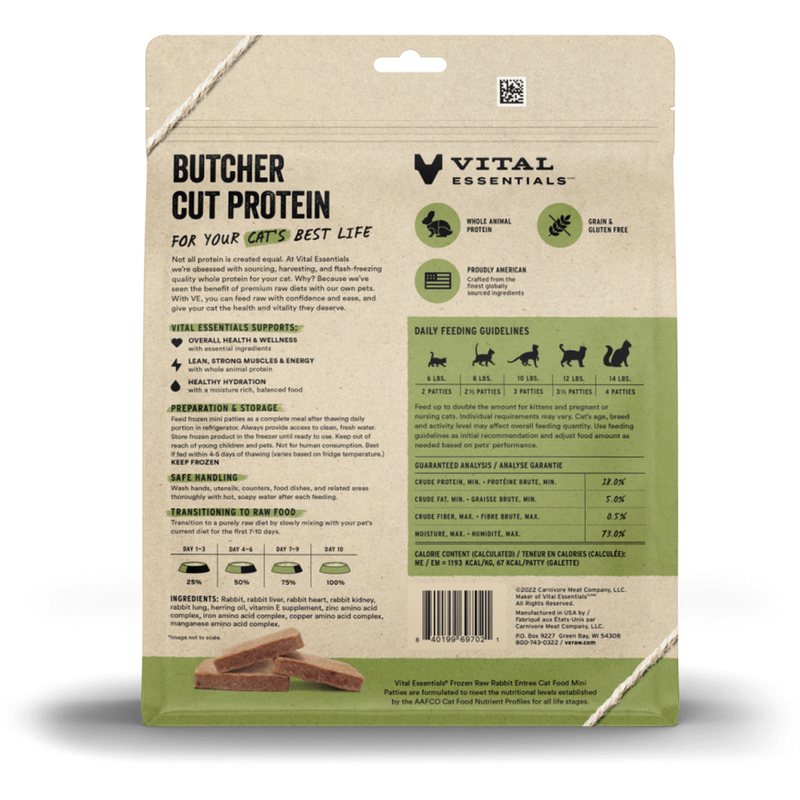 Vital Essentials Raw Frozen Cat Food, Rabbit, Mini Patties, 28-oz image number null