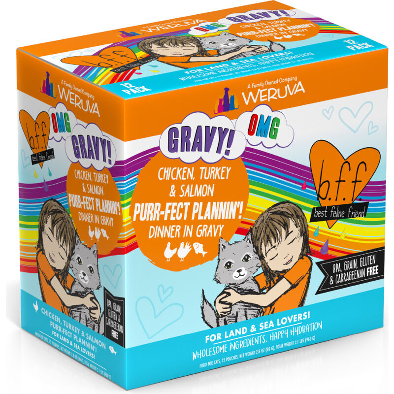 B.F.F. Best Feline Friend OMG Gravy! Wet Cat Food, Purr-Fect Plannin'!, Chicken, Turkey & Salmon, 2.8-oz image number null