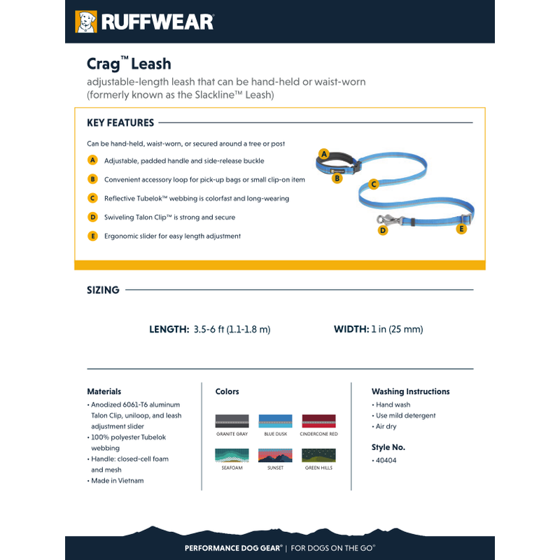 Ruffwear Crag Reflective Dog Leash, Rising Wave, 3.5-6-ft image number null