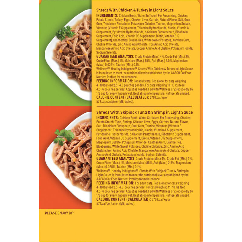 Wellness Healthy Indulgence Shreds Wet Cat Food, Variety Pack, 3-oz, 8-pack image number null