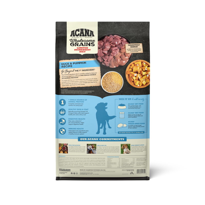 Acana Wholesome Grains Dry Dog Food, Limited Ingredient Duck & Pumpkin, 22.5-lb image number null