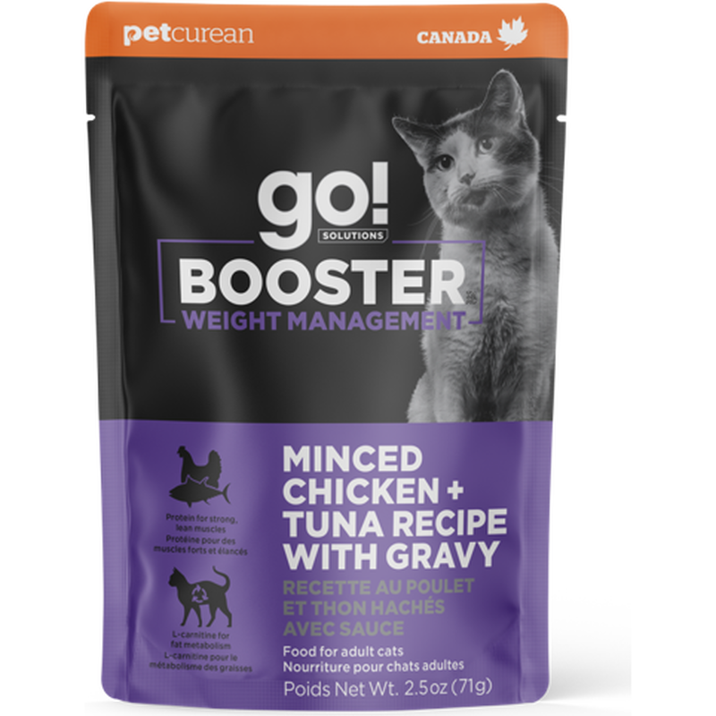 Go! Solutions Booster Wet Cat Food, Weight Management, Minced Chicken & Tuna with Gravy, 2.5-oz image number null