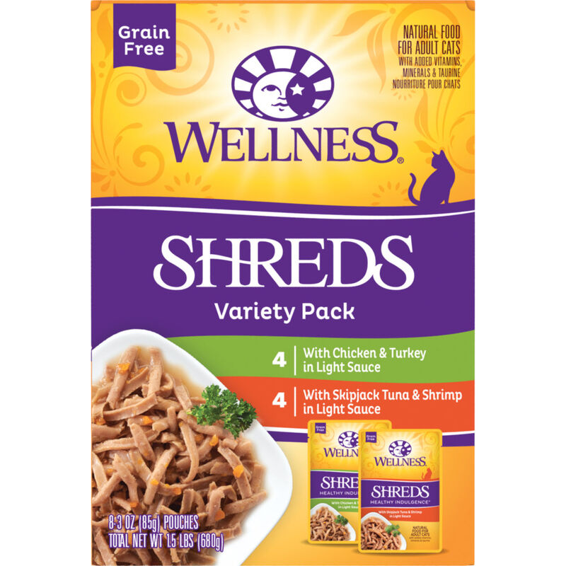 Wellness Healthy Indulgence Shreds Wet Cat Food, Variety Pack, 3-oz, 8-pack image number null
