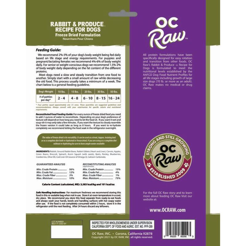 OC Raw Freeze Dried Dog Food, Rabbit and Produce, 14-oz image number null