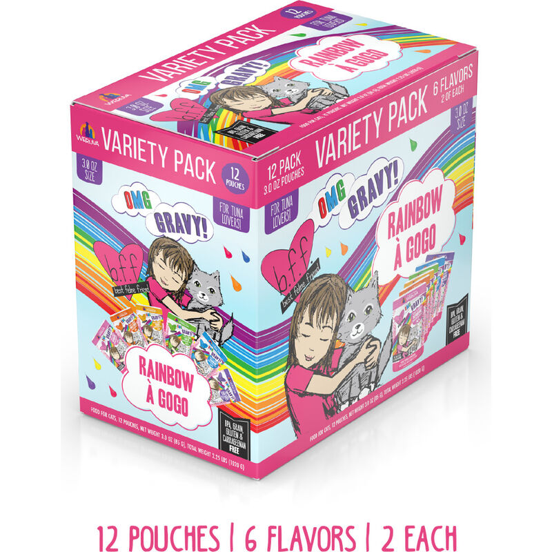 B.F.F. Best Feline Friend OMG Gravy! Wet Cat Food, Variety Pack, Rainbow A Gogo, 3-oz, 12-pack image number null