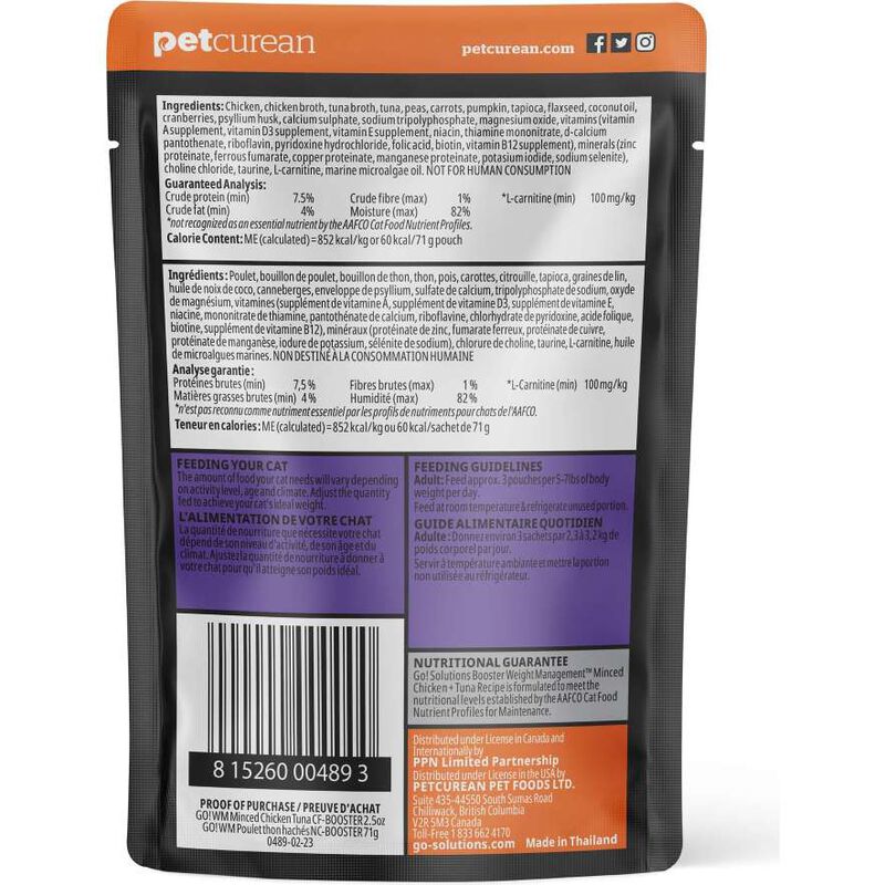 Go! Solutions Booster Wet Cat Food, Weight Management, Minced Chicken & Tuna with Gravy, 2.5-oz image number null